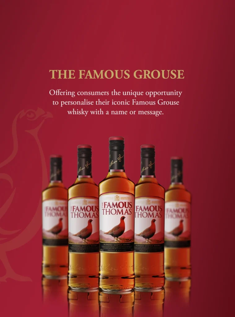 Dark red graphic containing five bottles of The Famous Grouse Whisky with a grouse illustration.