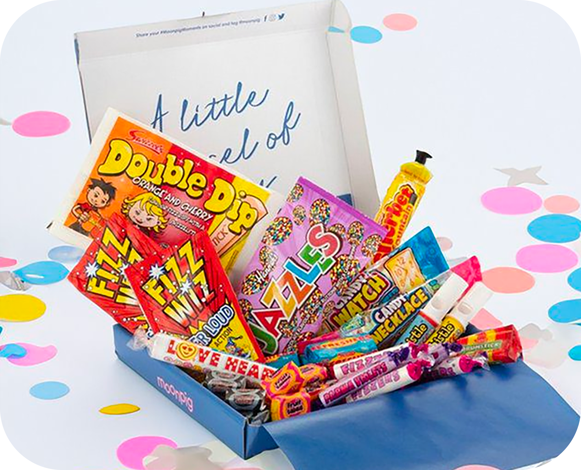 A box full of colourful confectionary surrounded by confetti.