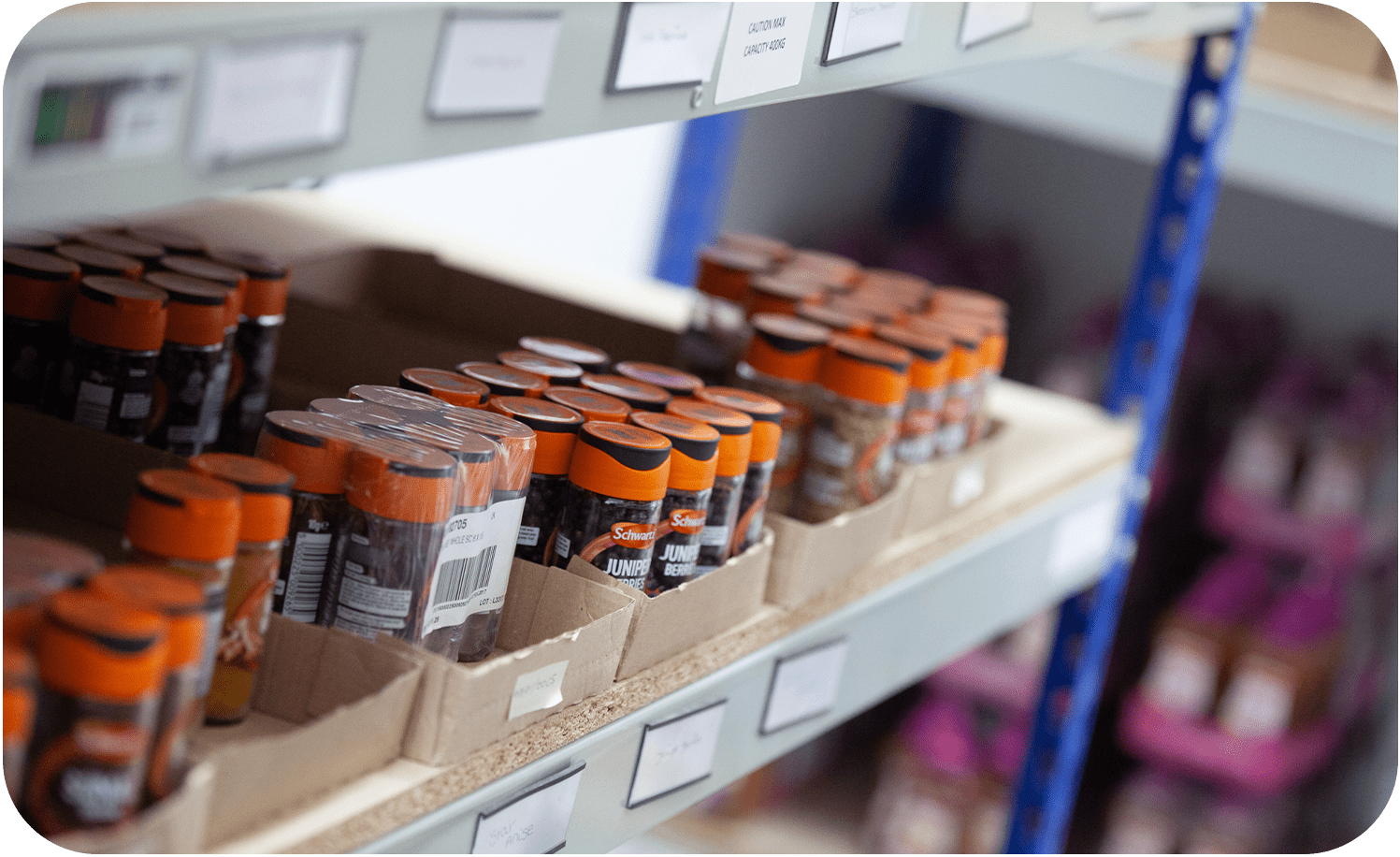 Spice jars with oranges lids on a shelving unit.