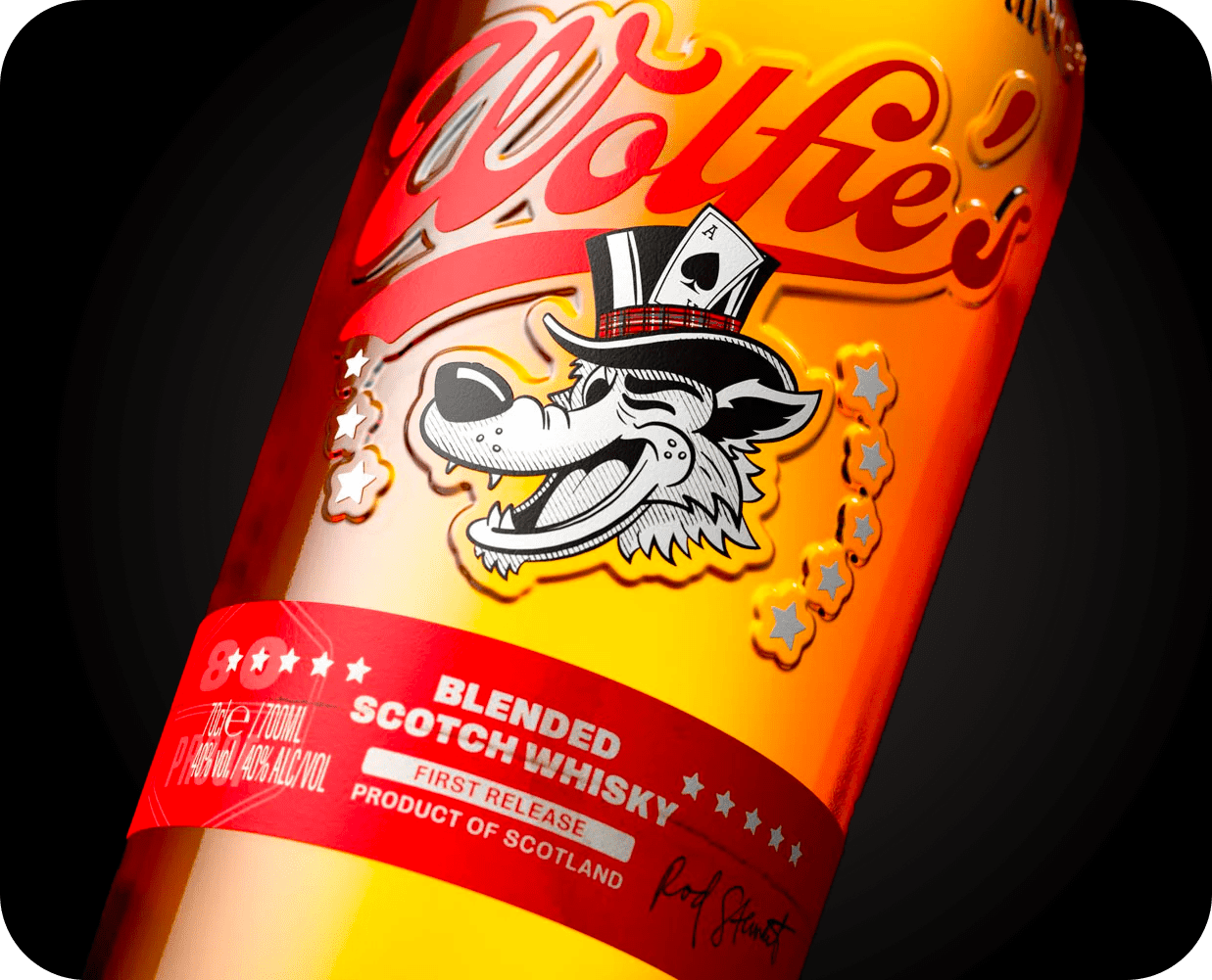Close up Wolfie's Whisky bottle.