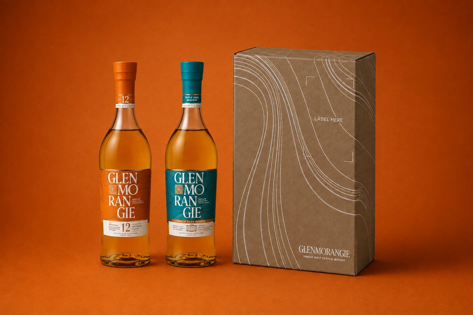 Two Glenmorangie bottles next to a brown packaging box on an orange background.