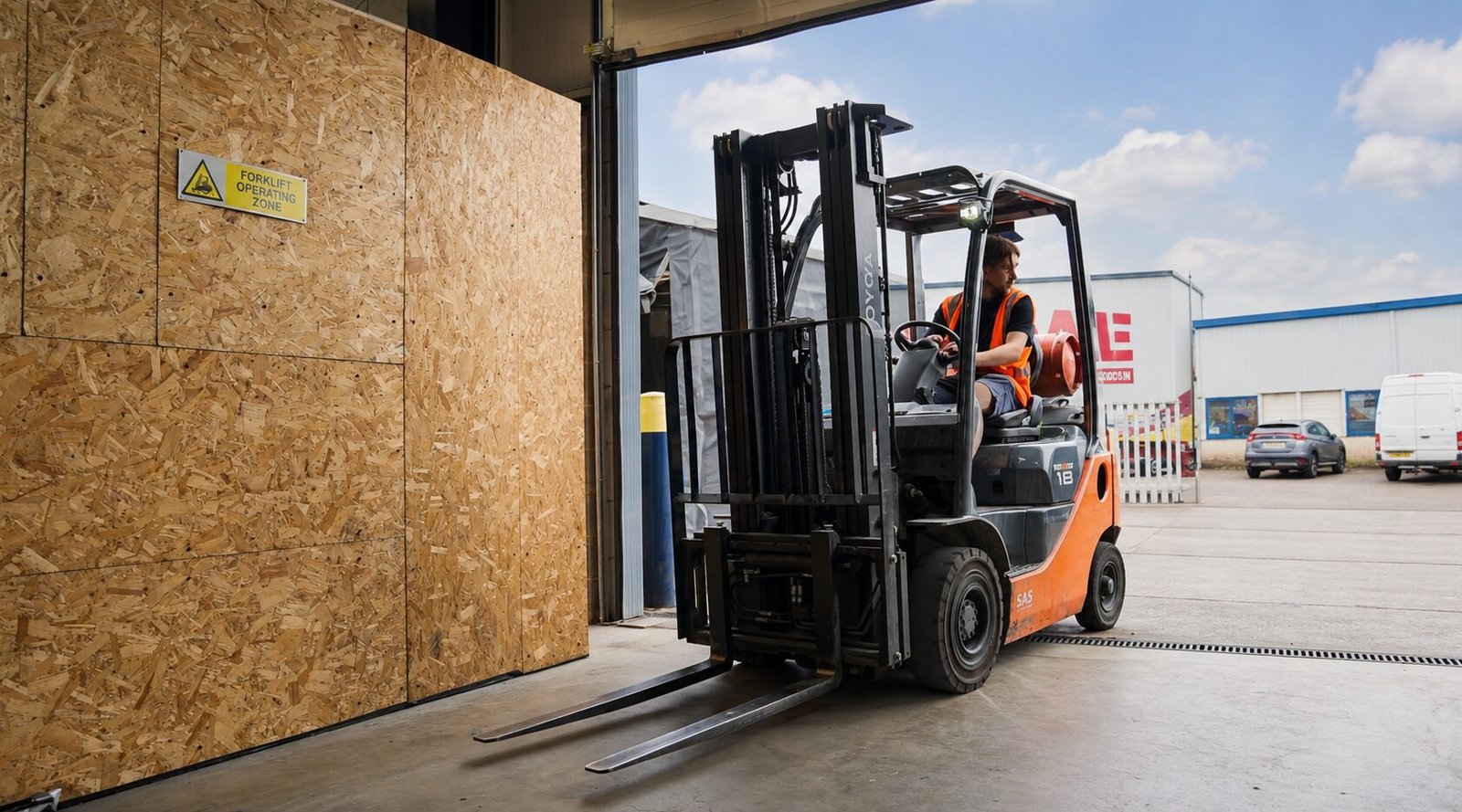 Warehouse operator driving a forklift.