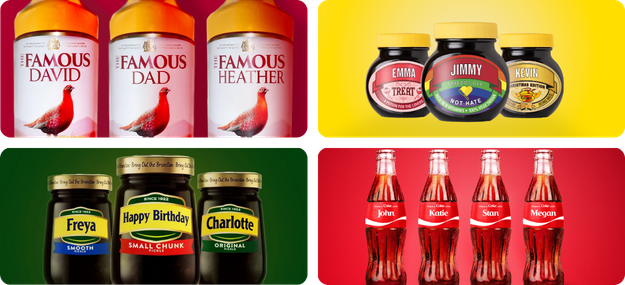 Grid of four personalised products: The Famous Grouse, Marmite, Branston Pickle, Coca-Cola.