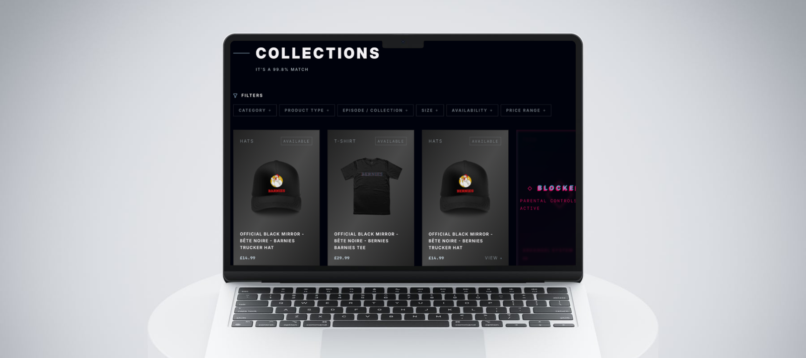 Laptop displaying Black Mirror merchandise shop