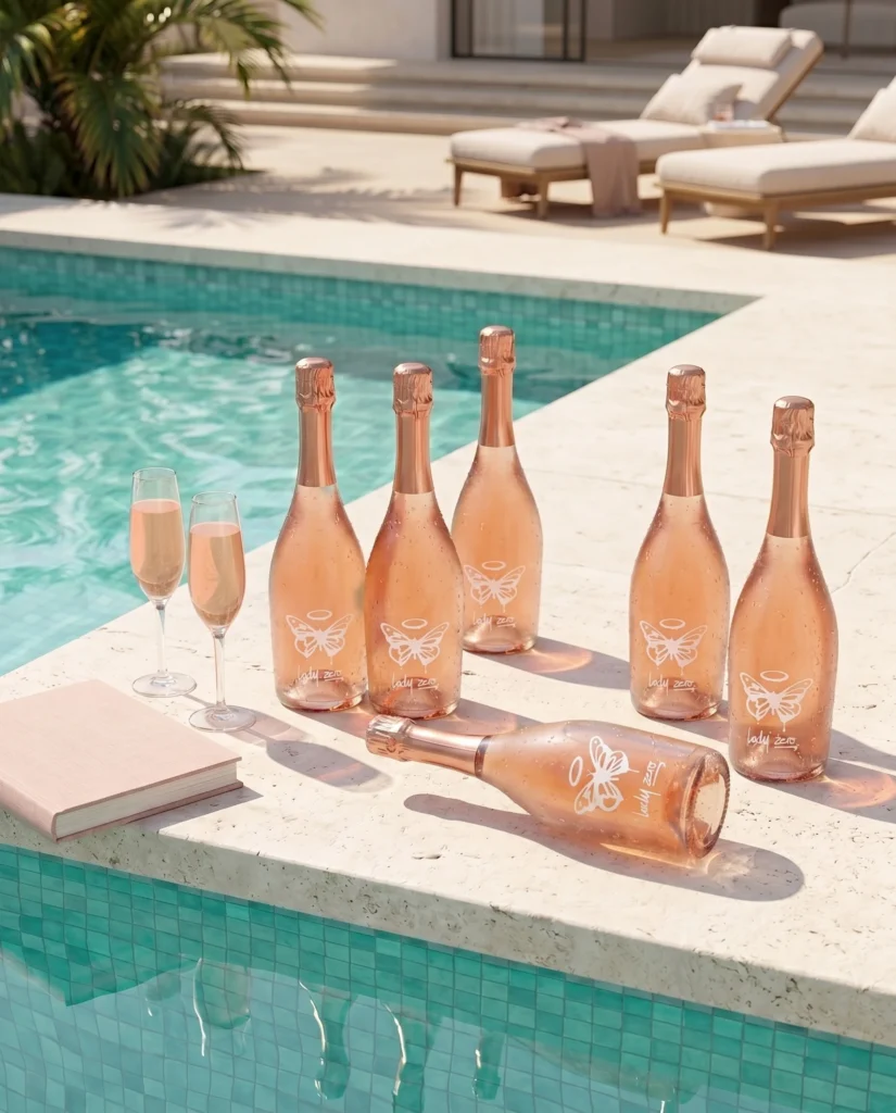 Six bottles of Lady A wine next to an outdoor pool.